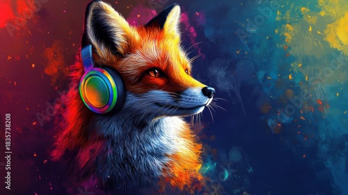 Silly fox wearing rainbow-colored headphones 