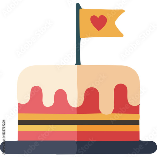 Festive Layer Cake With Red Heart Flag Topper On Dark Blue Stand With Creamy Icing And Red Yellow Blue Layers Isolated On White Background