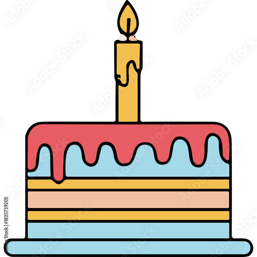 Festive Layered Cake with a Single Lit Candle on Top Drizzled with Red Icing Isolated on Black Background