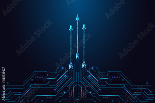 Digital growth arrows rising upward over futuristic neon blue circuit board technology background