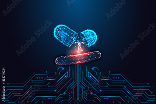 Digital antibiotic concept with glowing capsule and bacteria on futuristic circuit board background