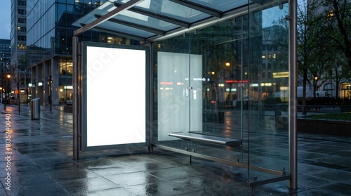 Empty Bus Stop Shelter with Blank Advertisement Screen at Night.