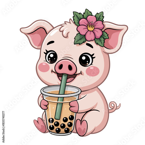 A cute cartoon piglet with a flower on its head is happily sipping bubble tea through a straw.