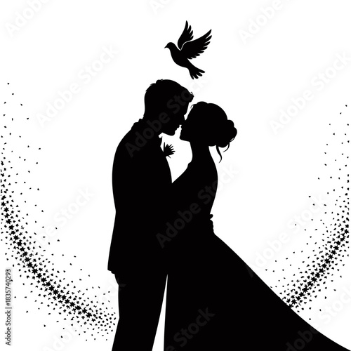 A couple embraces in a tender silhouette against a gray background, exuding an air of romance