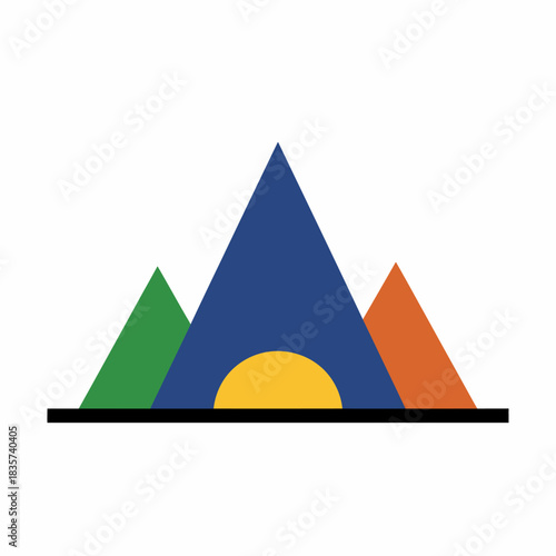 Abstract geometric landscape with three colored triangles and a yellow semicircle