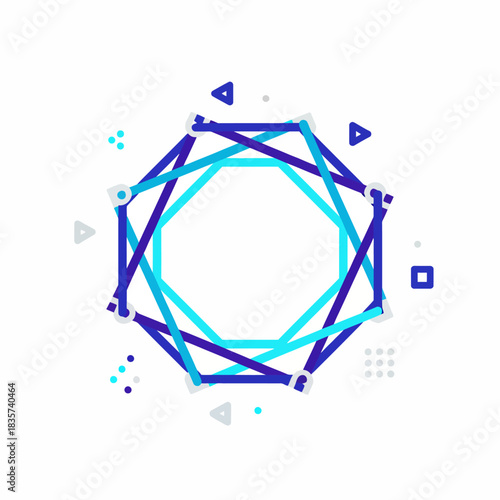 An abstract geometric octagon shape with intersecting lines and small shapes