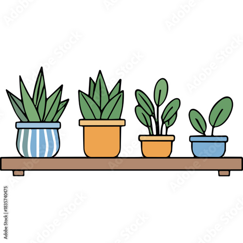 Four Potted Green Plants Lined Up On A Wooden Shelf In Various Pots With Different Leaf Shapes And Heights Simple Minimalist Illustration Against A Black Background