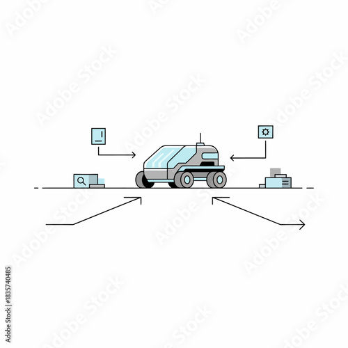 Autonomous vehicle on track interacts with data and facility icons