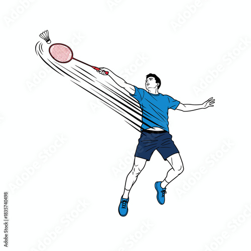 Badminton player leaping to smash a shuttlecock with a racket
