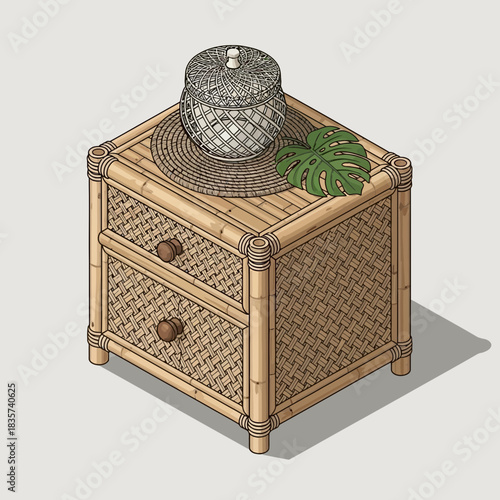 A charming bamboo nightstand adds a touch of bohemian style to any room