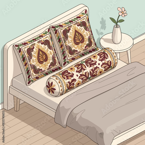 Cozy bedroom interior with patterned pillows and soft bedding illustration