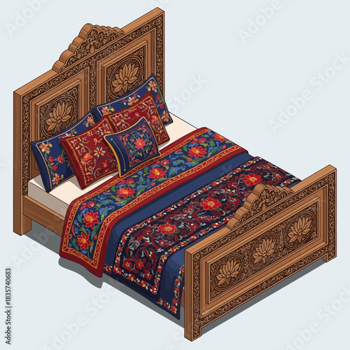 Detailed isometric illustration featuring a carved wooden bed with luxurious bedding