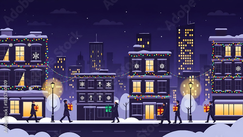 Festive Cityscape with Holiday Lights and Gift Delivery at Night