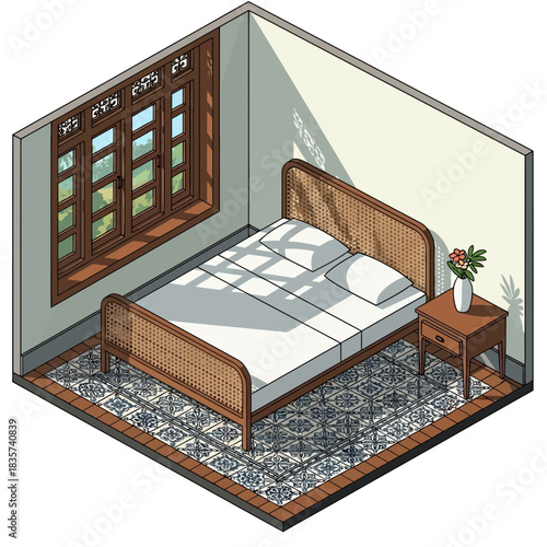 Isometric Illustration of a Cozy Bedroom with Wicker Bed and Floral Decor