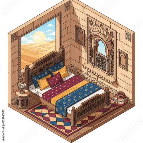 Isometric illustration of a luxuriously decorated desert themed bedroom suite