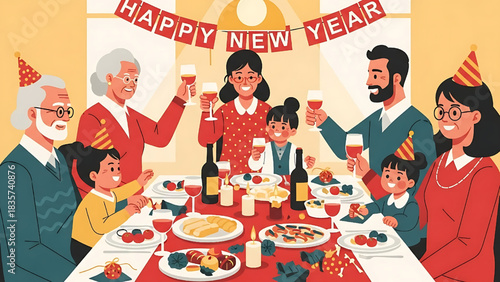 Happy New Year Family Celebration Festive Dinner Togetherness