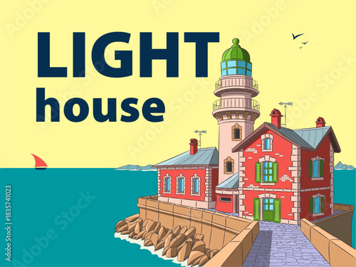 Lighthouse on rocky pier, vector illustration