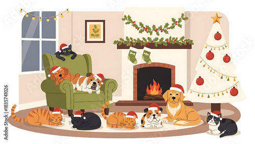 Festive pets celebrating Christmas at home illustration