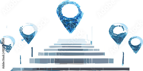 Concept of the path to success. Digital stairs with abstract podiums and staircase set on technology blue background. Abstract location pin. Tech low poly wireframe vector illustration.