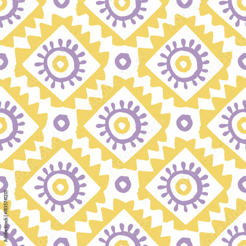 Seamless boho decorative pattern. Hand-drawn yellow and purple geometric shapes. Bright playful tile-inspired design. Vector illustration.