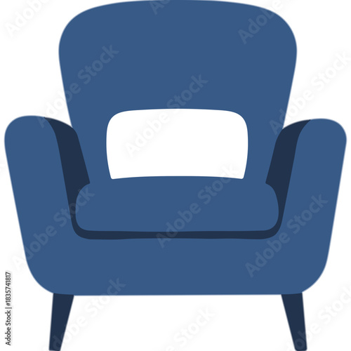 Deep Blue Upholstered Armchair with Clean Lines and White Lumbar Pillow on a Black Background