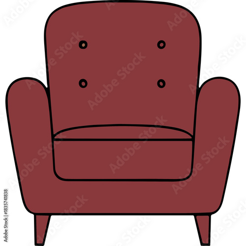 Deep Red Upholstered Armchair with Button Tufting and Tapered Legs Minimalist Design Isolated on Black Background