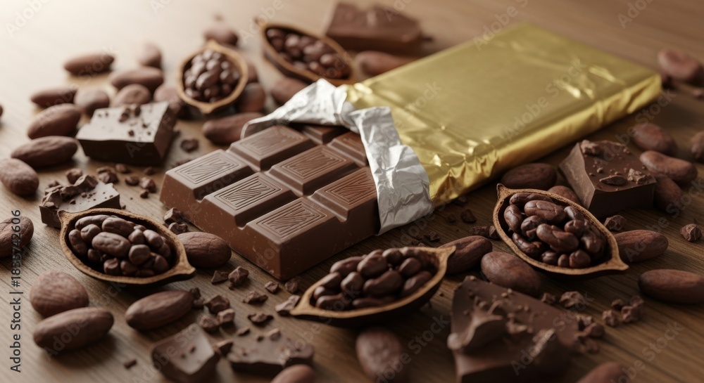 custom made wallpaper toronto digitalDelicious chocolate bars and scattered cocoa beans on a wooden table with chocolate pieces and a gold wrapper