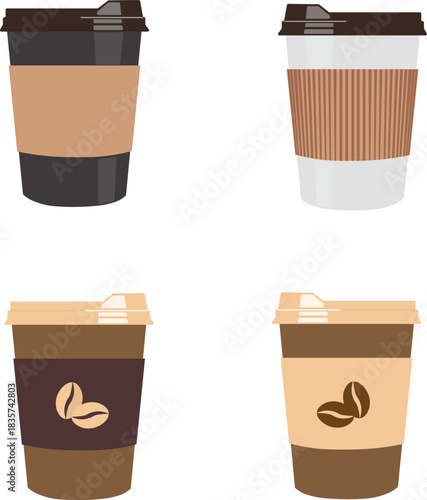 Collection of 4 cups vector images of paper cups for coffee or tea with a plastic lid isolated on a white background