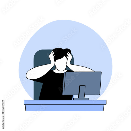 Frustrated person sitting at desk in front of computer holding head in hands, feeling stressed and overwhelmed by work in modern office, depicting burnout and anxiety.