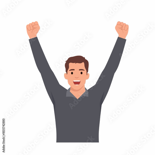 Excited man raising his arms in celebration against a white backdrop, expressing joy and success with a cheerful expression.