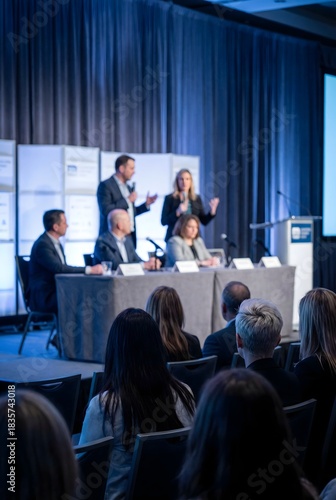 Professional business panel discussion with speakers and audience during a corporate conference in a modern venue with stage lighting and presentation setup