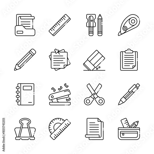 Stationery outline icon set for education and office tools