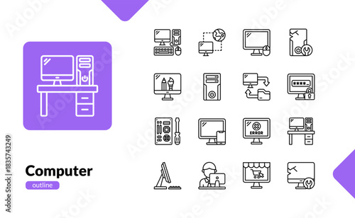 Computer outline icon set for technology and digital tools