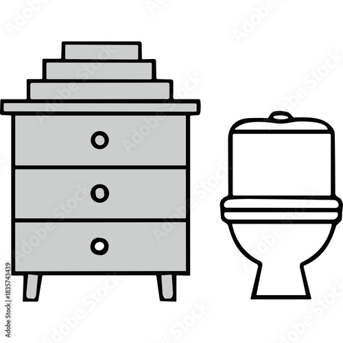 Gray Chest of Drawers Stacked with Rectangular Objects Next to White Toilet on Black Background Simple Flat Illustration Style