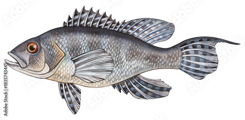 Hand-painted watercolor illustration of a Black Sea Bass. Realistic and detailed artwork perfect for educational guides, field guides, posters, and wildlife-themed prints.
