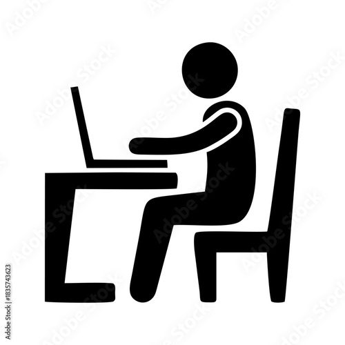 Person sitting at desk using laptop for work or study in minimalist black and white style, conveying focus and productivity.