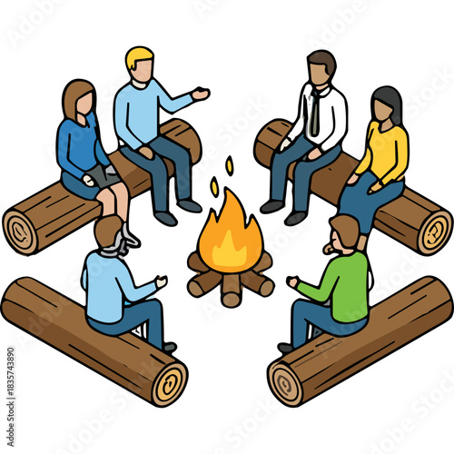 Diverse Group of People Sitting Around a Crackling Campfire on Logs Telling Stories Under a Dark Sky Engaging in Outdoor Community Gathering