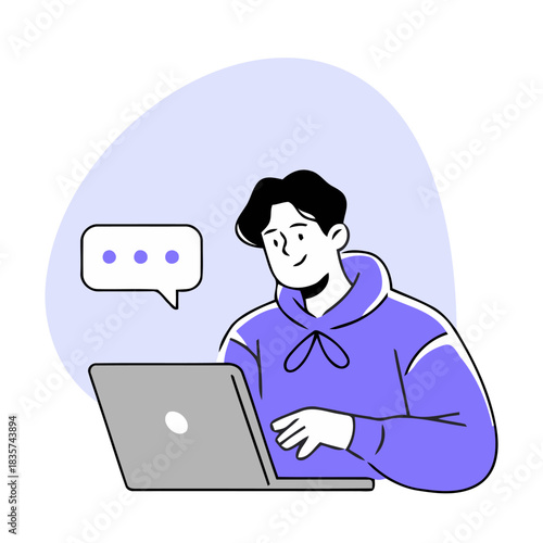 Man working on laptop with speech bubble in minimalist style, showcasing communication and modern technology, creating a concept of online interaction and digital lifestyle.