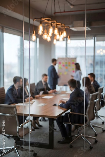 Team of business professionals engaged in strategic meeting inside modern corporate boardroom, collaborating on planning, decision-making, and high-level organizational objectives