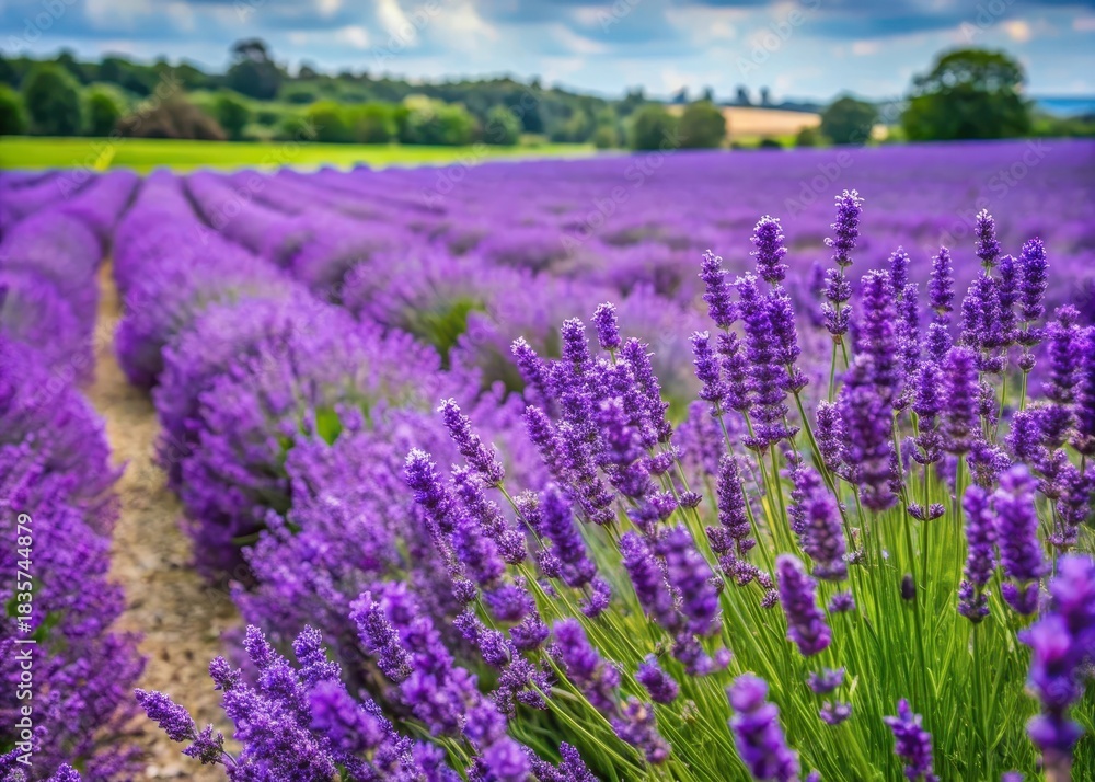 Naklejka premium Fragrant purple flowers blooming on a bed of green grass in a commercial lavender farm at Heacham in West Norfolk