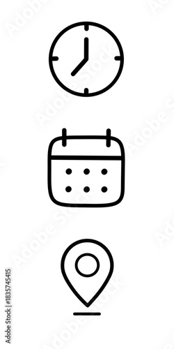 Three icons showing clock time, location pin, and folded map, used for schedules, addresses, navigation, and travel information in digital interfaces