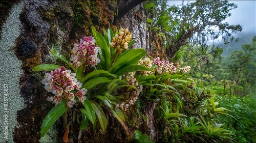 Epiphytic orchids bloom vibrantly on a mossy, ancient tree trunk in a misty forest.