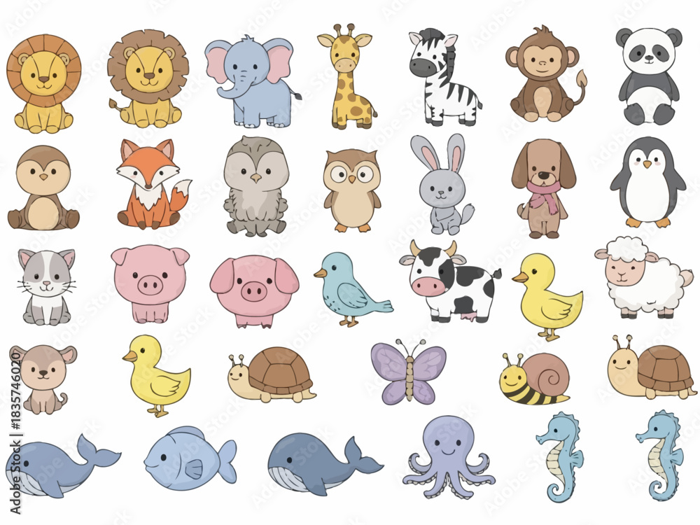 Obraz premium A large collection of cute cartoon animal illustrations featuring various land, sea, and air creatures in a simple, friendly style for children.