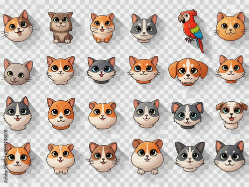 A collection of cute cartoon animal faces including various cats, dogs, hamsters, and a colorful parrot, all with expressive features.