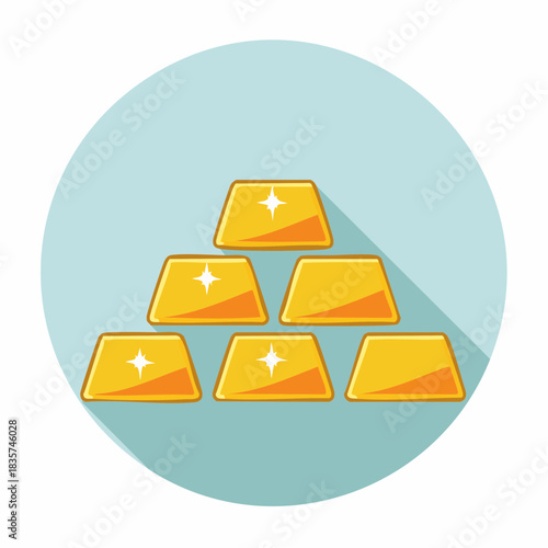 A vector illustration shows a stack of gold bars inside a blue circle, symbolizing wealth, investment, and the precious metal's enduring value in finance.