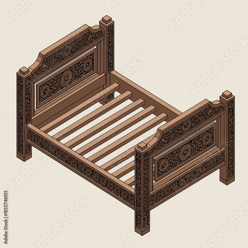 Elaborately Carved Wooden Bed Frame Featuring Floral and Scroll Motifs
