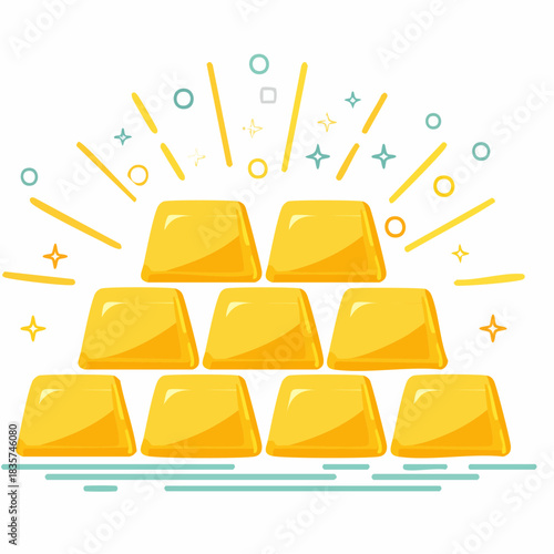 A flat vector illustration depicts a gleaming pyramid of gold bars, radiating wealth and success against a clean white background, perfect for financial themes.