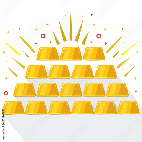 A vector illustration depicts a pyramid of gold bars, shining brightly, symbolizing wealth, success, and prosperity with a clean and modern aesthetic.