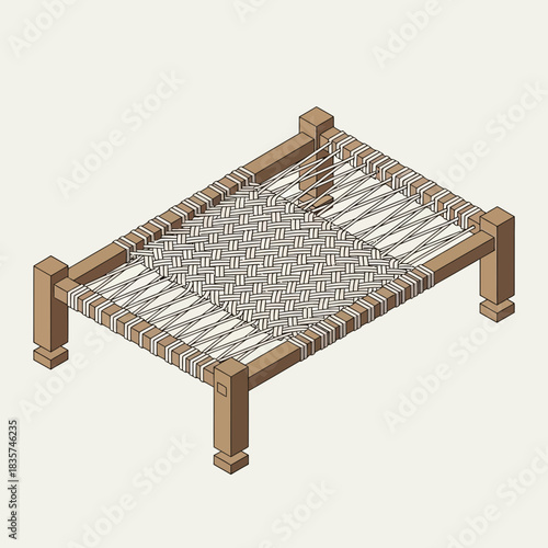Isometric illustration of a traditional charpai bed with woven rope pattern
