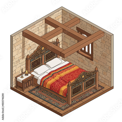 Isometric interior of a bedroom with rustic stone walls and wooden beams